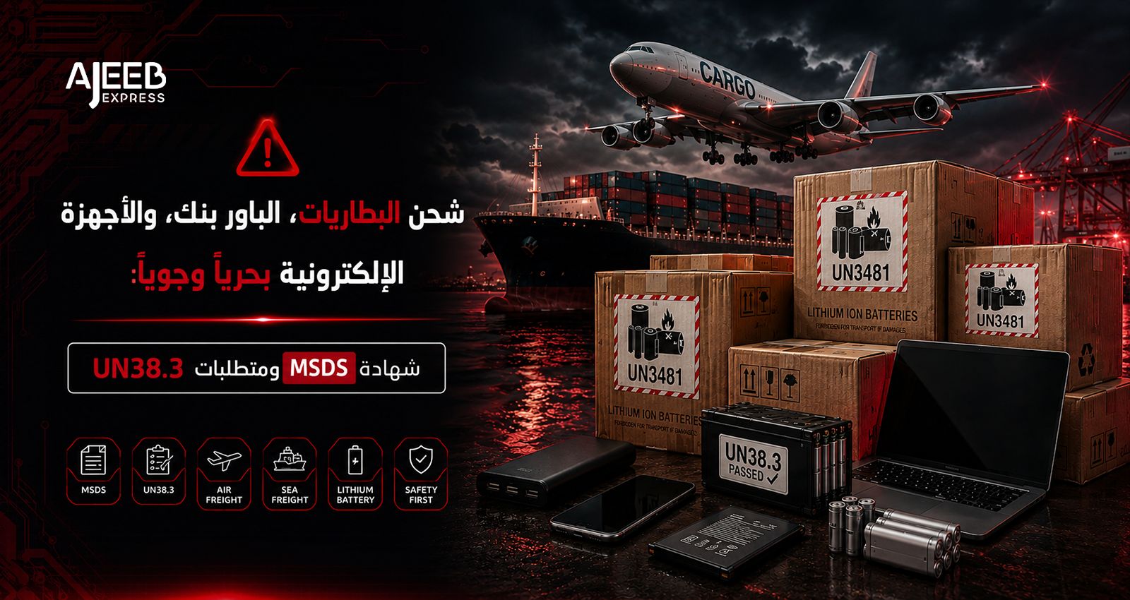Blog شحن بطاريات الليثيوم والباوربانك والأجهزة الإلكترونية من الصين إلى السعودية جوًا وبحرًا مع متطلبات MSDS وUN38.3