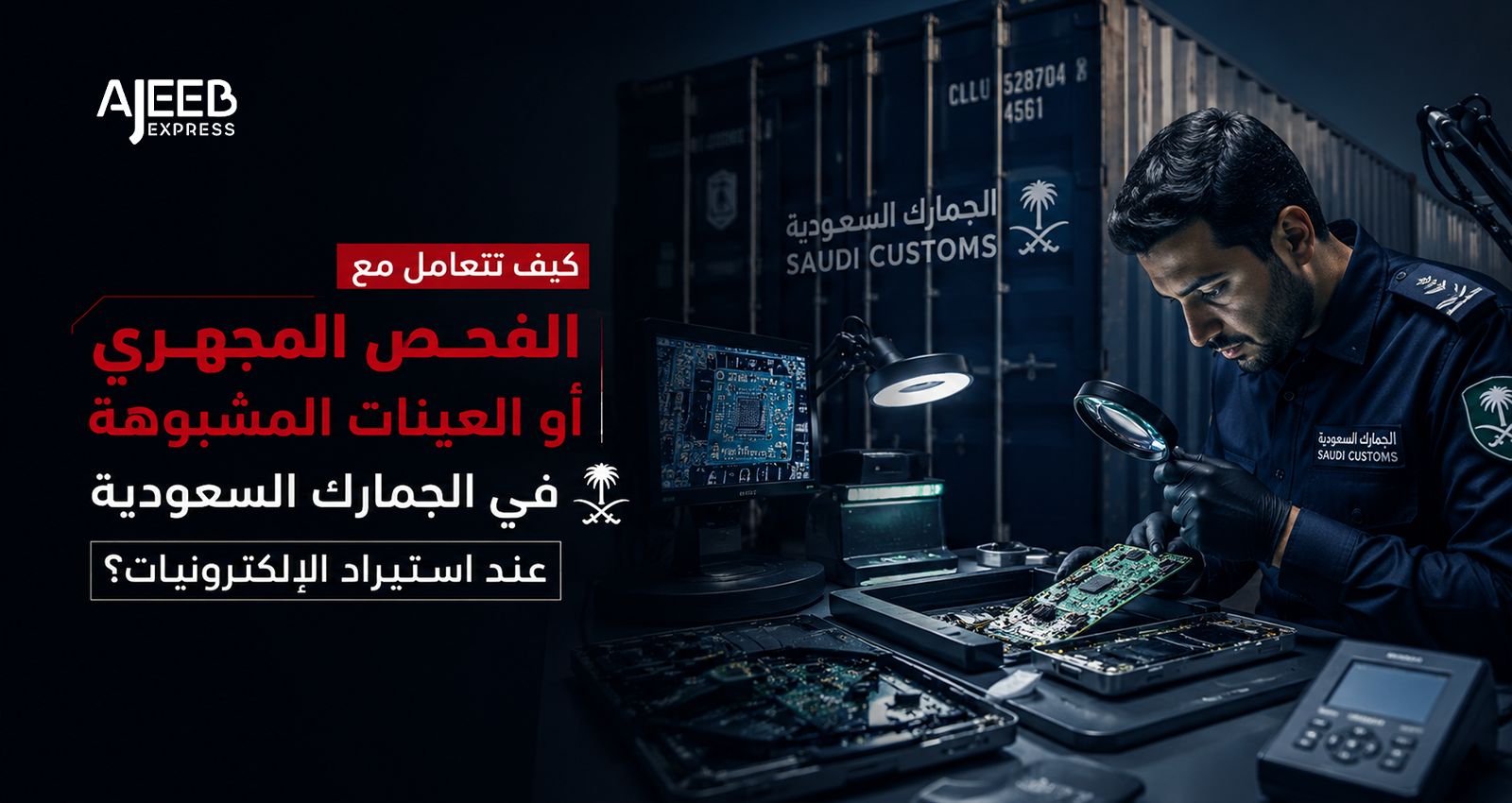 Blog فحص موظف الجمارك السعودية لمكونات إلكترونية مستوردة ضمن إجراءات الفحص الجمركي وسحب العينات