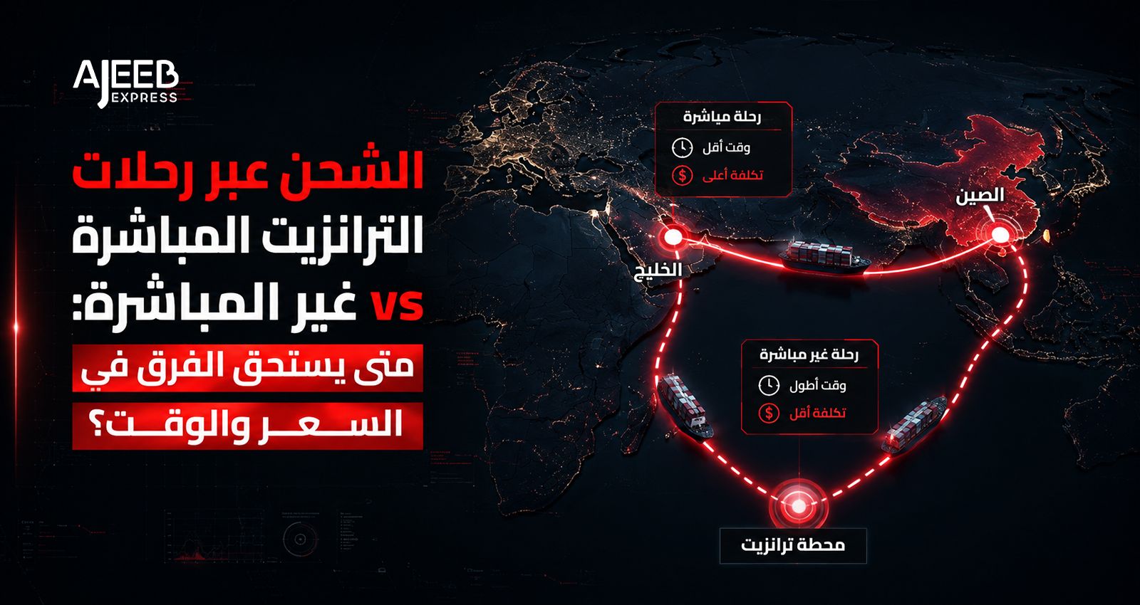 Blog Cargo aircraft loading at airport with direct flight and transit route hologram map between China and Saudi Arabia